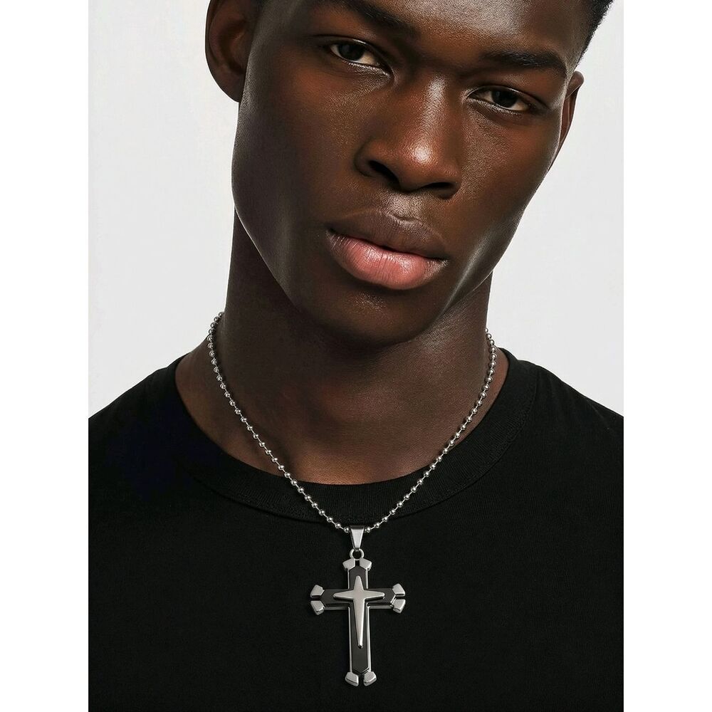 Black Silver Layered Cross Necklace Christian Faith Pendant Religious Jewelry